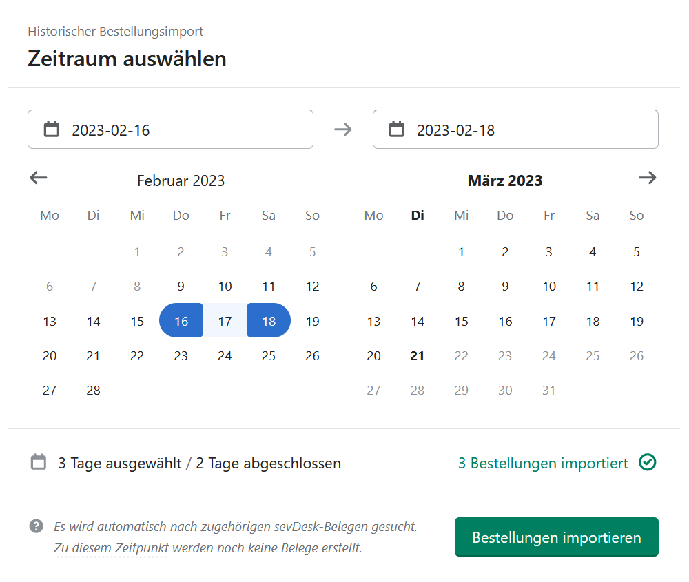 Ansicht des historischen Bestellungsimports
